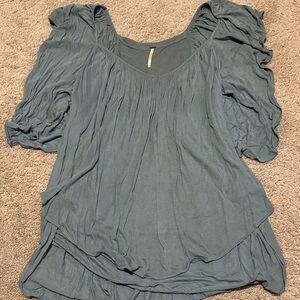 Free People Teal Blouse with Ruffled Sleeves